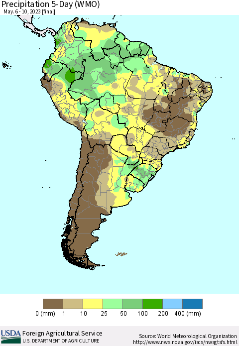 South America Precipitation 5-Day (WMO) Thematic Map For 5/6/2023 - 5/10/2023