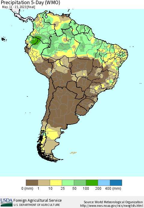 South America Precipitation 5-Day (WMO) Thematic Map For 5/11/2023 - 5/15/2023