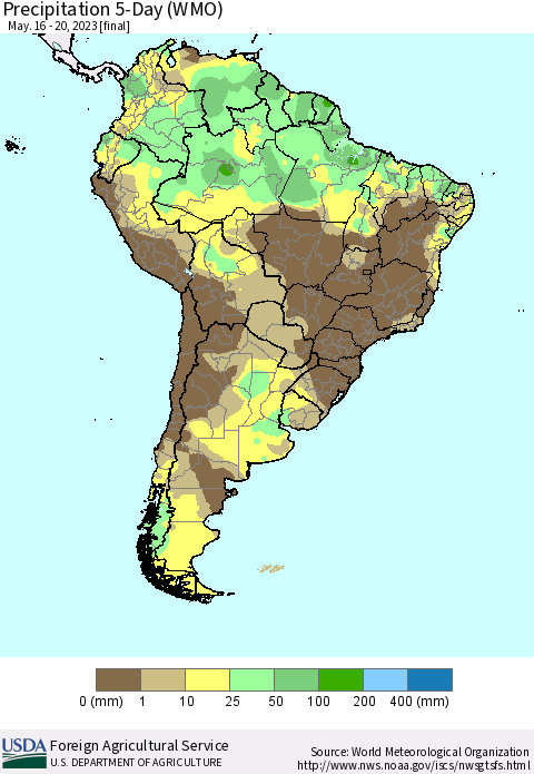 South America Precipitation 5-Day (WMO) Thematic Map For 5/16/2023 - 5/20/2023