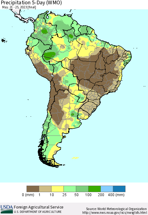 South America Precipitation 5-Day (WMO) Thematic Map For 5/21/2023 - 5/25/2023