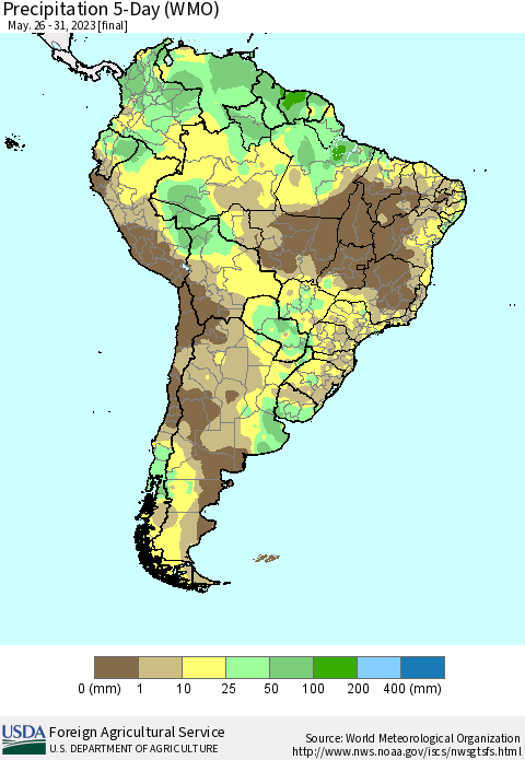South America Precipitation 5-Day (WMO) Thematic Map For 5/26/2023 - 5/31/2023