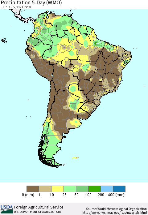 South America Precipitation 5-Day (WMO) Thematic Map For 6/1/2023 - 6/5/2023