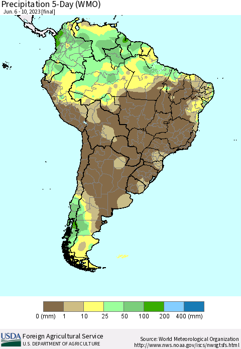 South America Precipitation 5-Day (WMO) Thematic Map For 6/6/2023 - 6/10/2023