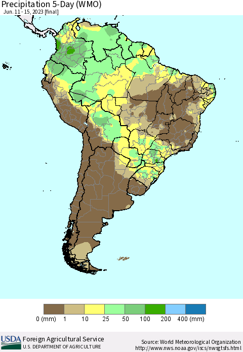 South America Precipitation 5-Day (WMO) Thematic Map For 6/11/2023 - 6/15/2023