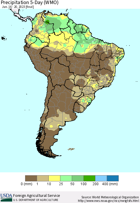 South America Precipitation 5-Day (WMO) Thematic Map For 6/16/2023 - 6/20/2023