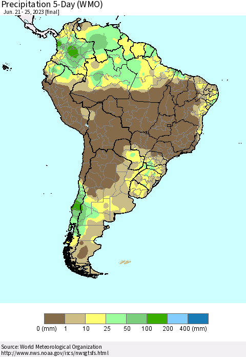 South America Precipitation 5-Day (WMO) Thematic Map For 6/21/2023 - 6/25/2023