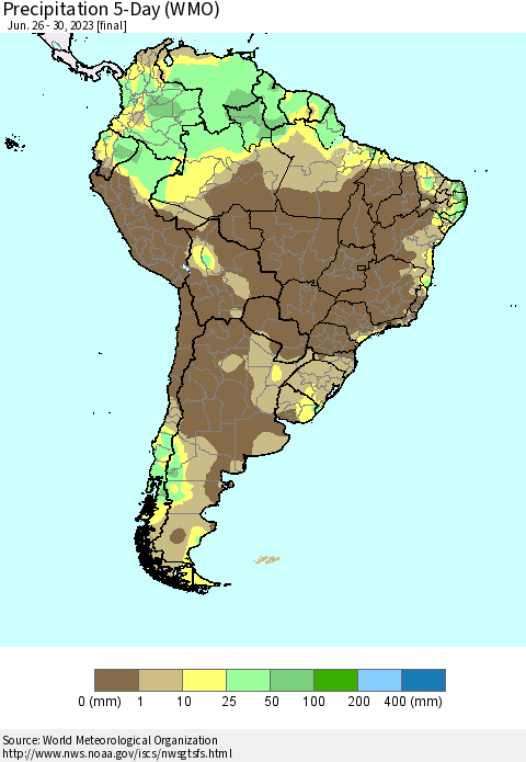 South America Precipitation 5-Day (WMO) Thematic Map For 6/26/2023 - 6/30/2023