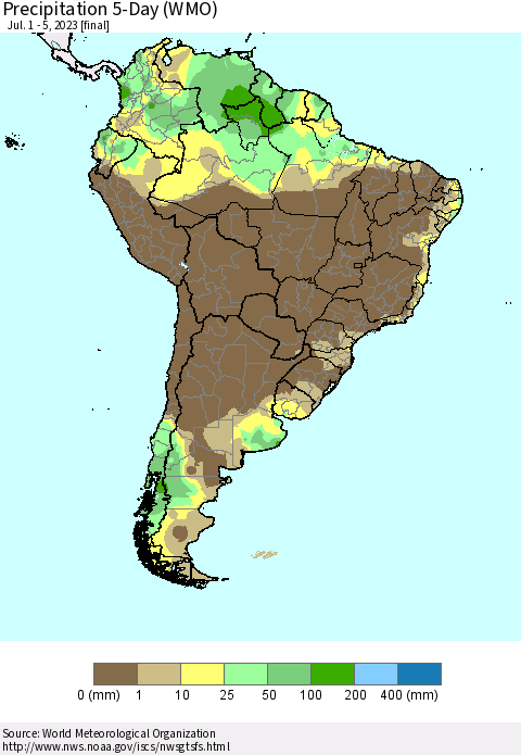 South America Precipitation 5-Day (WMO) Thematic Map For 7/1/2023 - 7/5/2023
