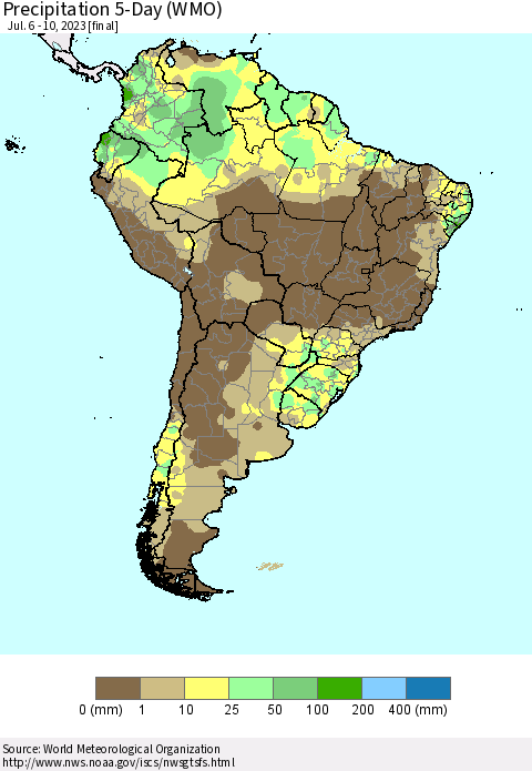 South America Precipitation 5-Day (WMO) Thematic Map For 7/6/2023 - 7/10/2023