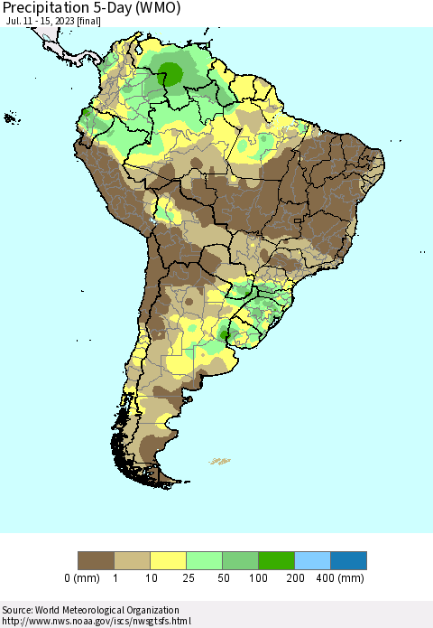South America Precipitation 5-Day (WMO) Thematic Map For 7/11/2023 - 7/15/2023