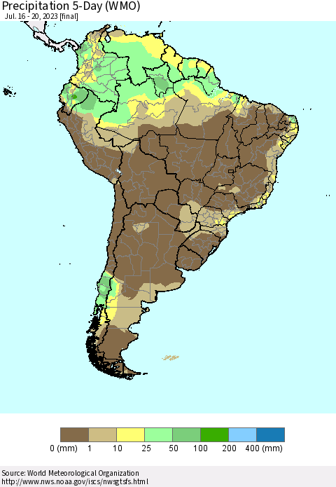 South America Precipitation 5-Day (WMO) Thematic Map For 7/16/2023 - 7/20/2023
