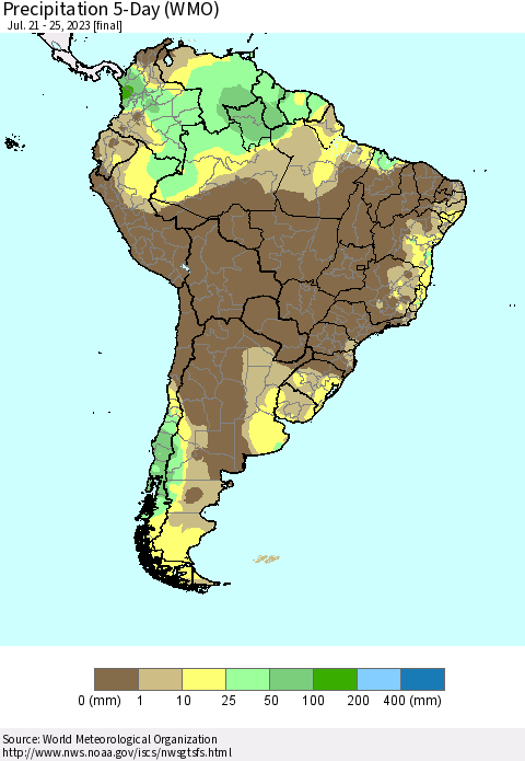 South America Precipitation 5-Day (WMO) Thematic Map For 7/21/2023 - 7/25/2023
