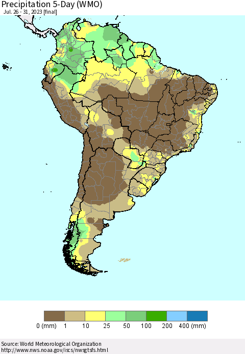 South America Precipitation 5-Day (WMO) Thematic Map For 7/26/2023 - 7/31/2023