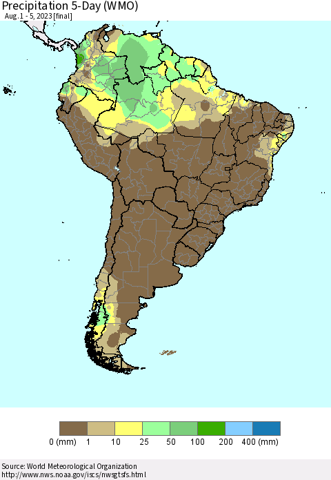 South America Precipitation 5-Day (WMO) Thematic Map For 8/1/2023 - 8/5/2023