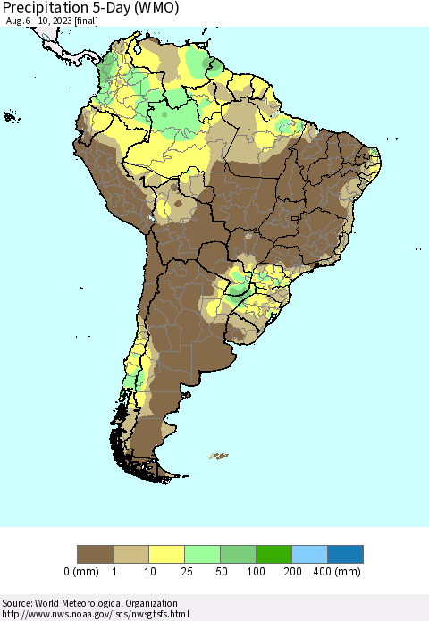 South America Precipitation 5-Day (WMO) Thematic Map For 8/6/2023 - 8/10/2023