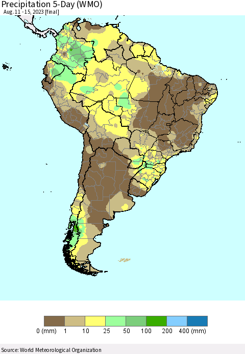 South America Precipitation 5-Day (WMO) Thematic Map For 8/11/2023 - 8/15/2023