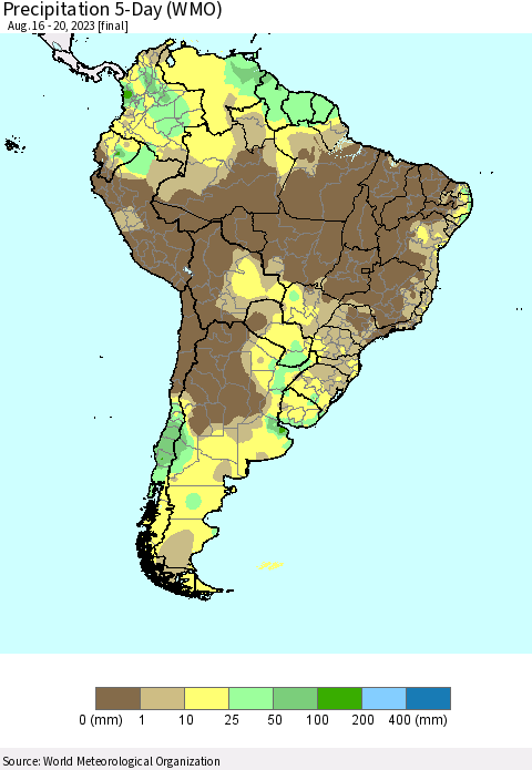 South America Precipitation 5-Day (WMO) Thematic Map For 8/16/2023 - 8/20/2023