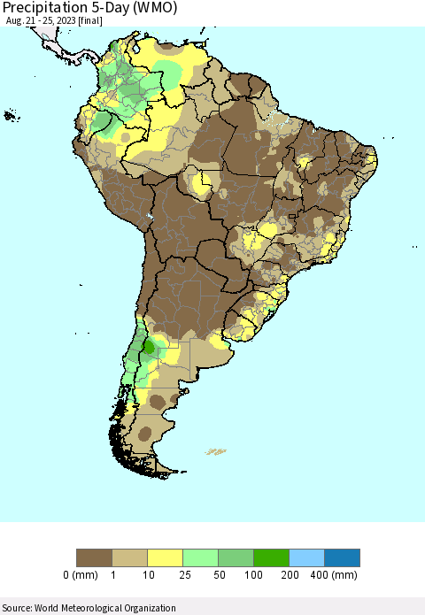 South America Precipitation 5-Day (WMO) Thematic Map For 8/21/2023 - 8/25/2023