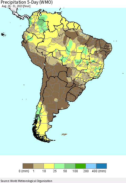 South America Precipitation 5-Day (WMO) Thematic Map For 8/26/2023 - 8/31/2023