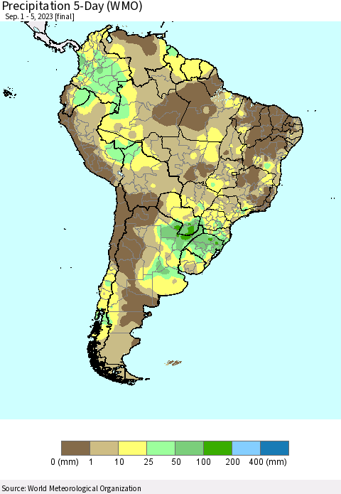 South America Precipitation 5-Day (WMO) Thematic Map For 9/1/2023 - 9/5/2023