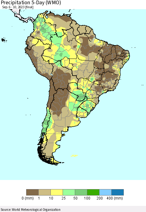 South America Precipitation 5-Day (WMO) Thematic Map For 9/6/2023 - 9/10/2023