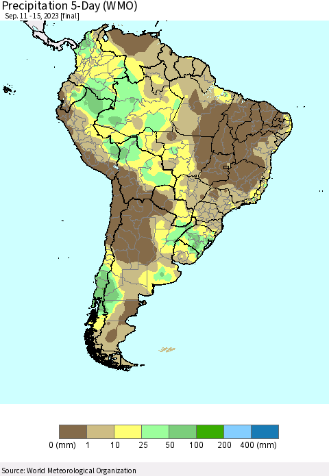 South America Precipitation 5-Day (WMO) Thematic Map For 9/11/2023 - 9/15/2023