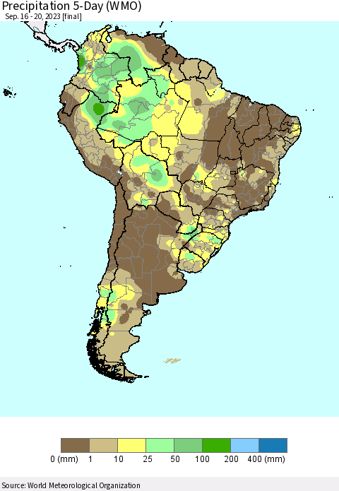 South America Precipitation 5-Day (WMO) Thematic Map For 9/16/2023 - 9/20/2023