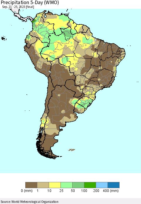 South America Precipitation 5-Day (WMO) Thematic Map For 9/21/2023 - 9/25/2023