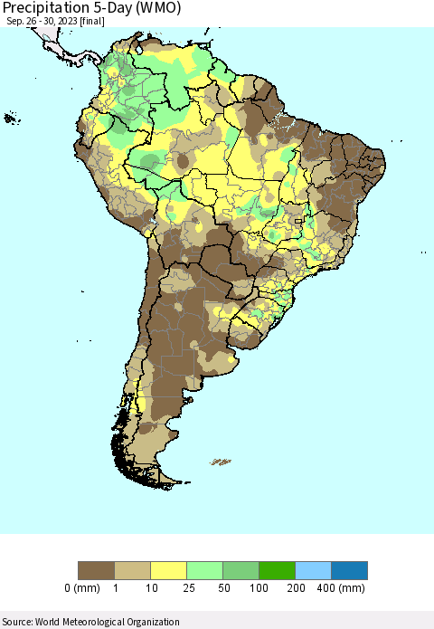South America Precipitation 5-Day (WMO) Thematic Map For 9/26/2023 - 9/30/2023