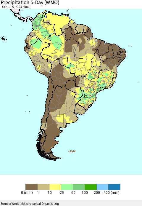 South America Precipitation 5-Day (WMO) Thematic Map For 10/1/2023 - 10/5/2023