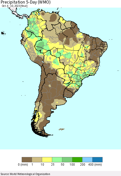 South America Precipitation 5-Day (WMO) Thematic Map For 10/6/2023 - 10/10/2023