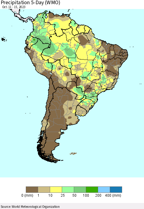 South America Precipitation 5-Day (WMO) Thematic Map For 10/11/2023 - 10/15/2023