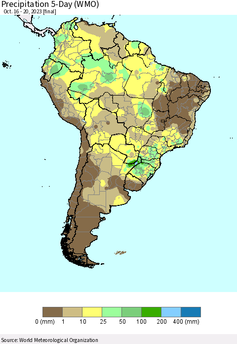 South America Precipitation 5-Day (WMO) Thematic Map For 10/16/2023 - 10/20/2023