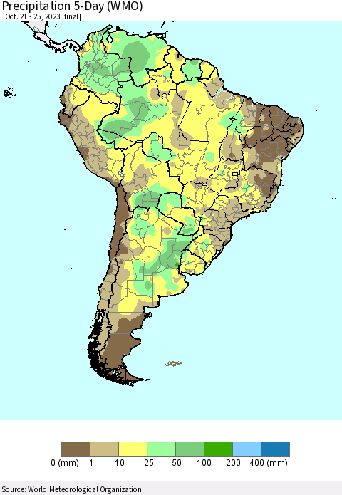 South America Precipitation 5-Day (WMO) Thematic Map For 10/21/2023 - 10/25/2023