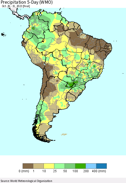 South America Precipitation 5-Day (WMO) Thematic Map For 10/26/2023 - 10/31/2023
