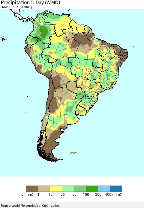 South America Precipitation 5-Day (WMO) Thematic Map For 11/1/2023 - 11/5/2023