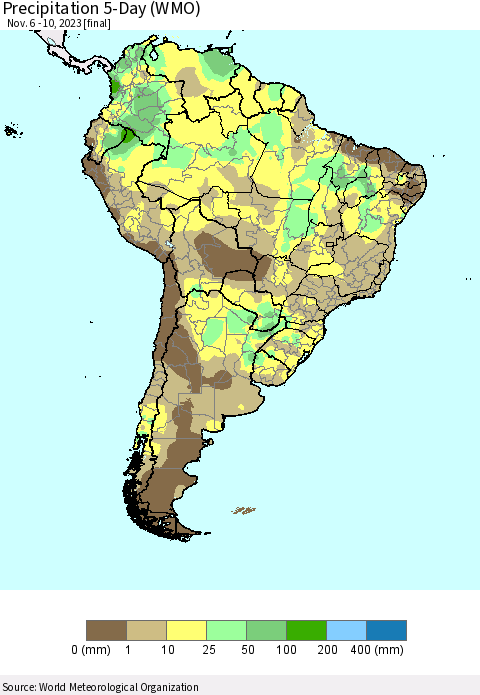 South America Precipitation 5-Day (WMO) Thematic Map For 11/6/2023 - 11/10/2023