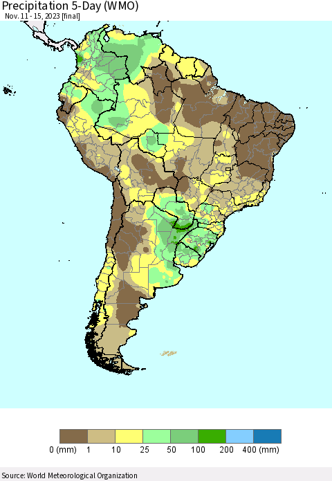 South America Precipitation 5-Day (WMO) Thematic Map For 11/11/2023 - 11/15/2023