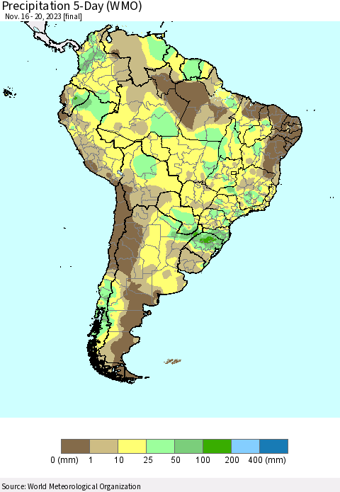 South America Precipitation 5-Day (WMO) Thematic Map For 11/16/2023 - 11/20/2023