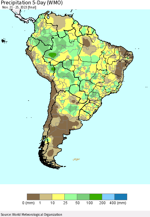 South America Precipitation 5-Day (WMO) Thematic Map For 11/21/2023 - 11/25/2023