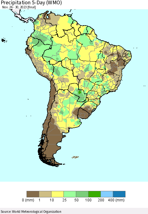 South America Precipitation 5-Day (WMO) Thematic Map For 11/26/2023 - 11/30/2023