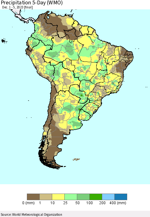 South America Precipitation 5-Day (WMO) Thematic Map For 12/1/2023 - 12/5/2023