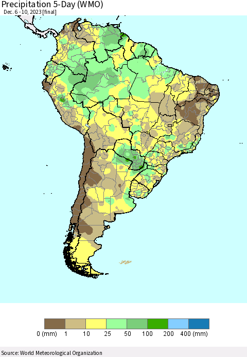 South America Precipitation 5-Day (WMO) Thematic Map For 12/6/2023 - 12/10/2023