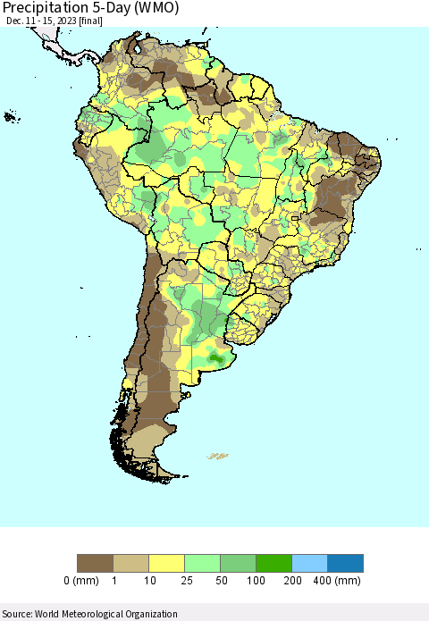 South America Precipitation 5-Day (WMO) Thematic Map For 12/11/2023 - 12/15/2023