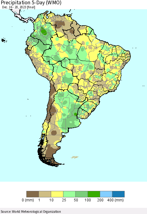 South America Precipitation 5-Day (WMO) Thematic Map For 12/16/2023 - 12/20/2023