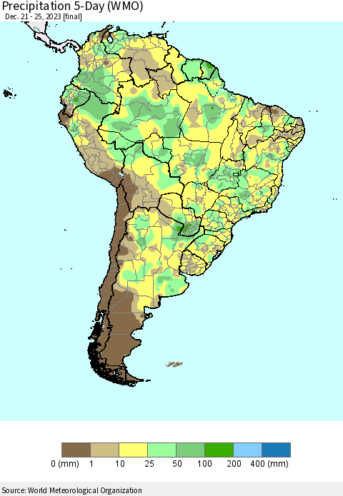 South America Precipitation 5-Day (WMO) Thematic Map For 12/21/2023 - 12/25/2023