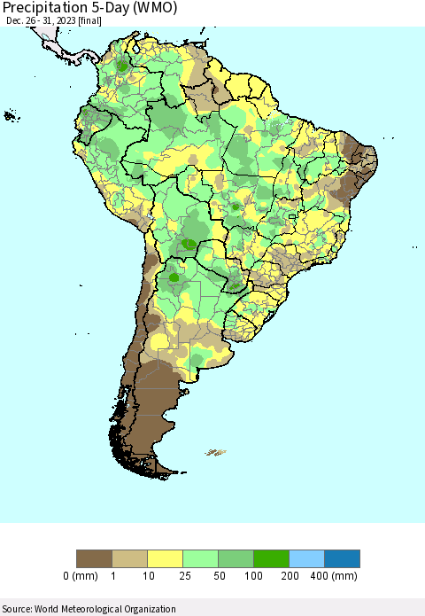 South America Precipitation 5-Day (WMO) Thematic Map For 12/26/2023 - 12/31/2023