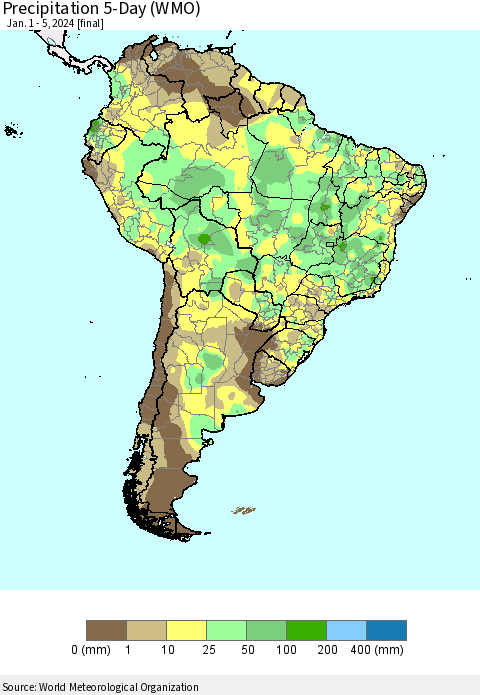 South America Precipitation 5-Day (WMO) Thematic Map For 1/1/2024 - 1/5/2024