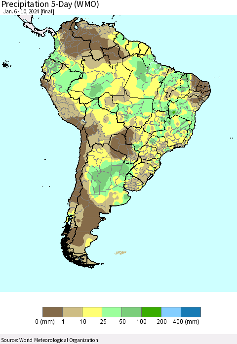 South America Precipitation 5-Day (WMO) Thematic Map For 1/6/2024 - 1/10/2024