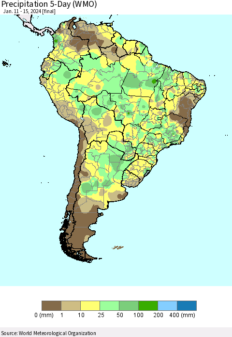 South America Precipitation 5-Day (WMO) Thematic Map For 1/11/2024 - 1/15/2024
